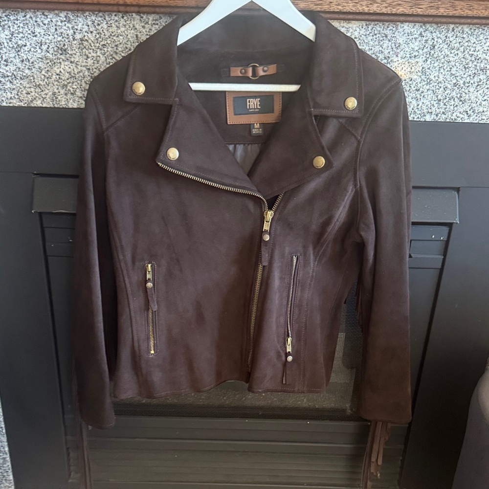 Frye Dark Brown Leather Jacket with Gold Accents